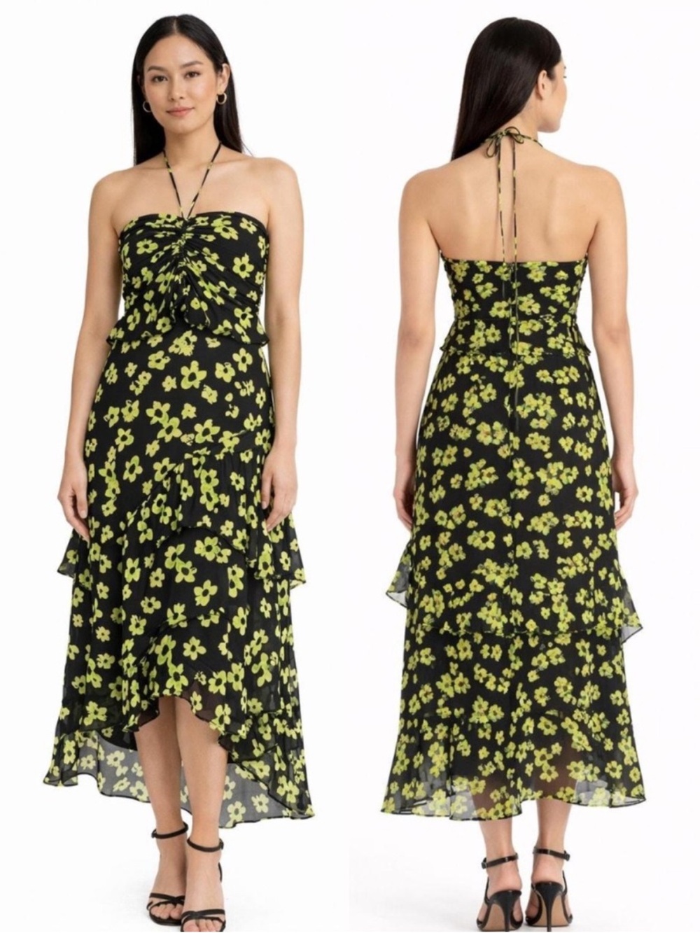 WAYF Black Strapless Floral Ruffle Maxi Dress
